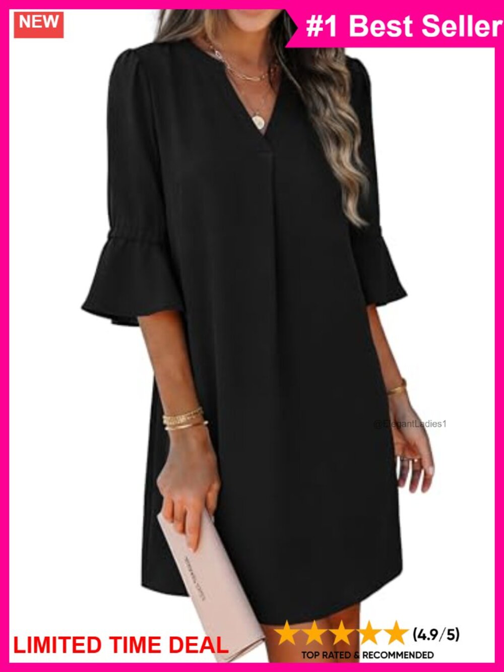 V-Neck Ruffle Sleeve Shift Dress Loose Fit Casual Midi Dress
